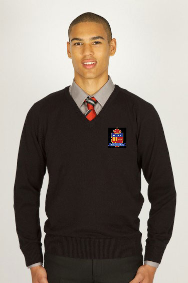 Duke's Secondary School Approved v-neck jumper with logo
