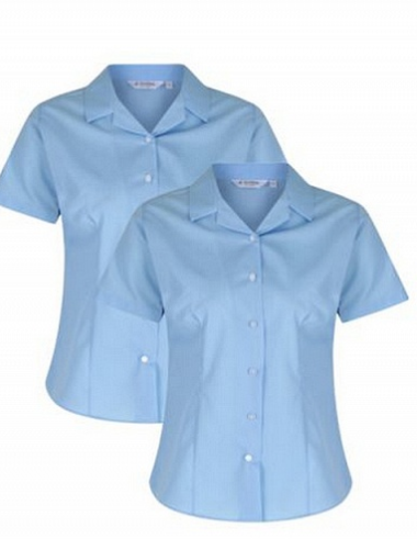 Girls Blue Non-Iron Revere Collar Fitted Blouses - Twin Pack short sleeve