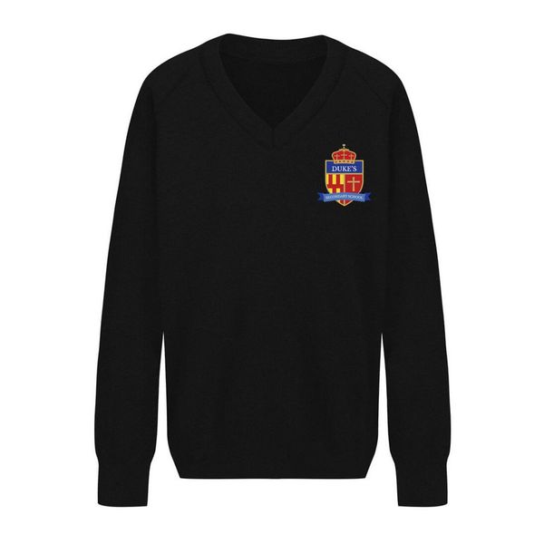 Duke's Secondary School Approved v-neck jumper with logo