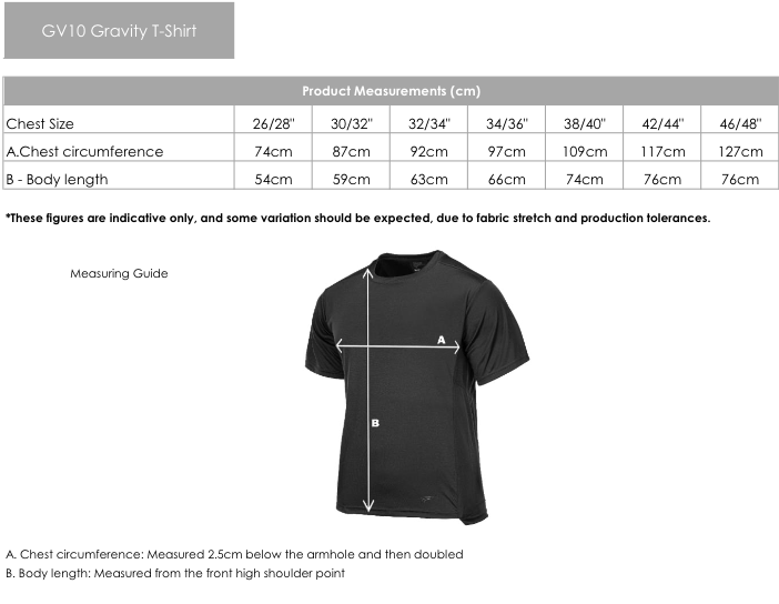 Gravity Training Tee - Size guide